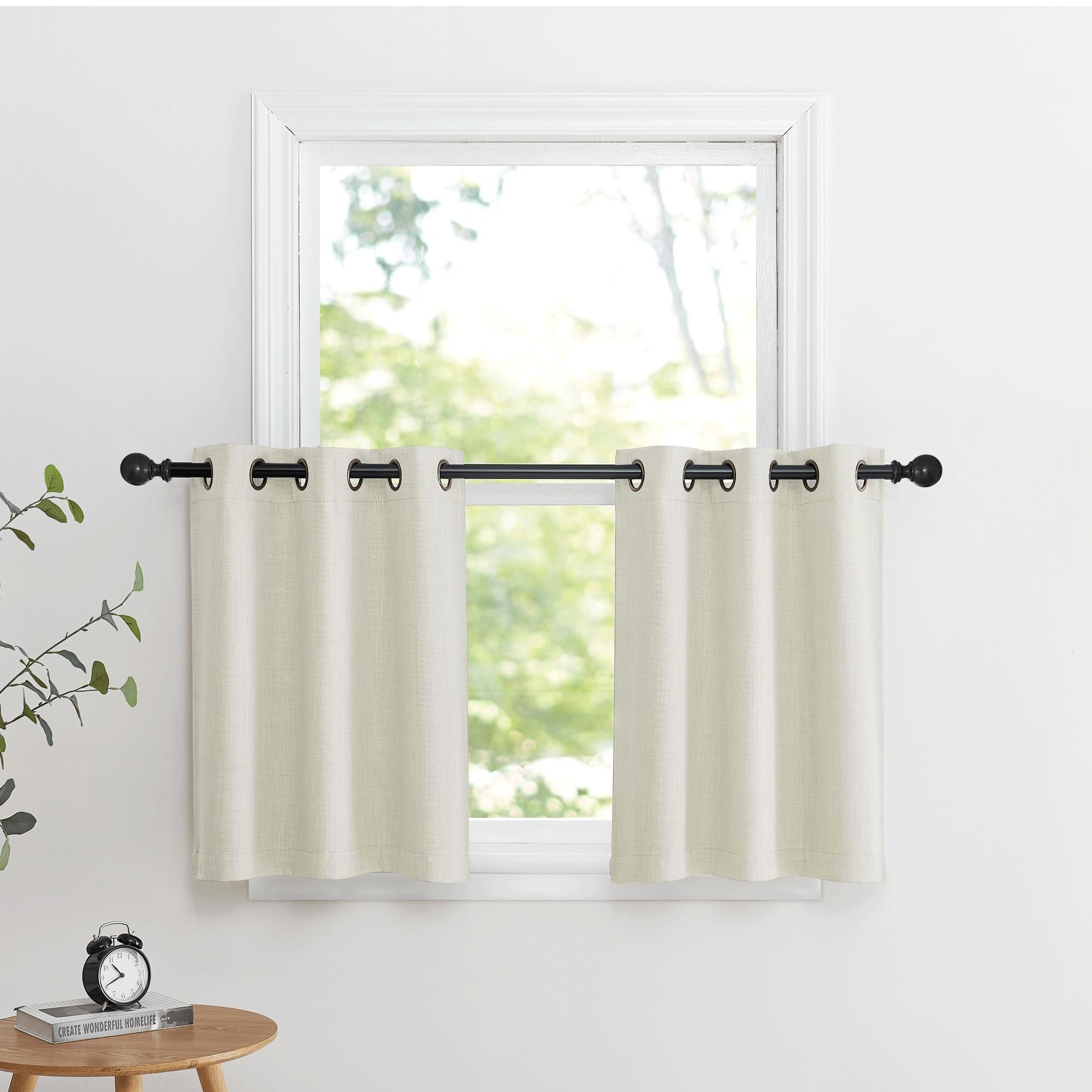 Photo 1 of NICETOWN 24 inch Long Blackout Tiers, Farmhouse Grommet Half Window Curtains, Light Block Small Window Valances for Kitchen Cupboard, Covering for Bathroom, W34 x L24, Natural, 2 Panels