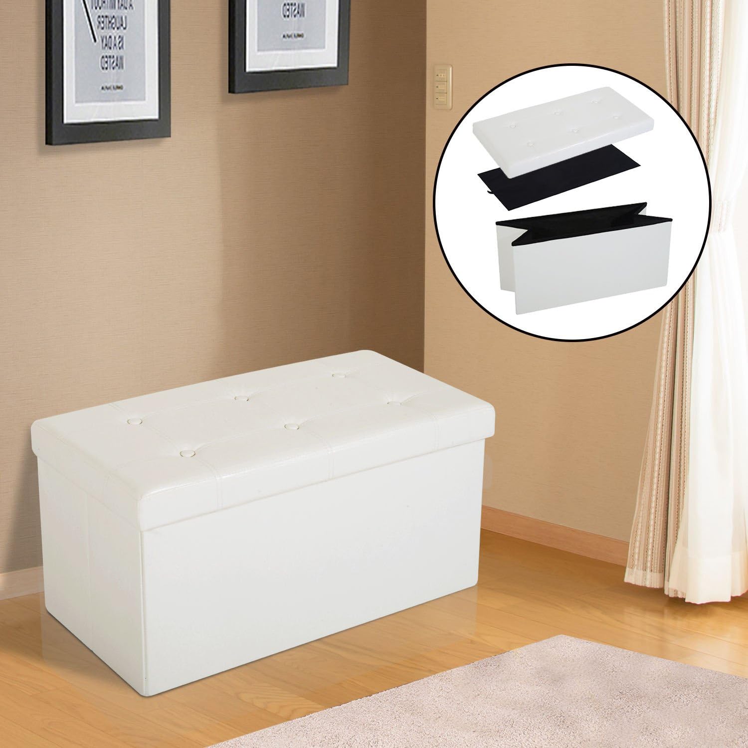 HOMCOM Folding Faux Leather Storage Cube Ottoman Bench Seat PU Rectangular Footrest Stool Box (Cream White) - Image 4