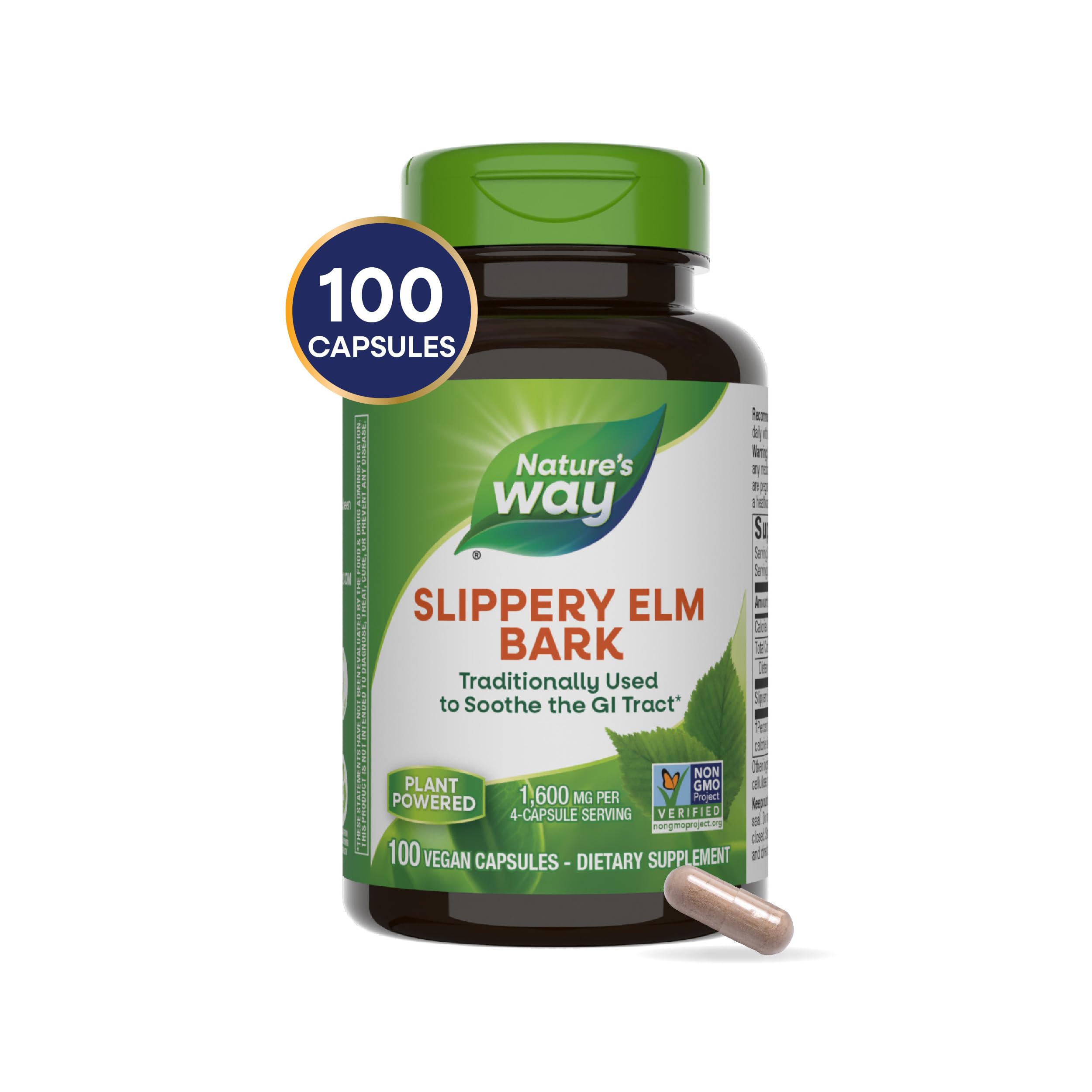 Nature's Way Slippery Elm Bark, Traditional Support to Soothe the GI Tract*, Vegan, Slippery Elm Capsules, 100 Capsules