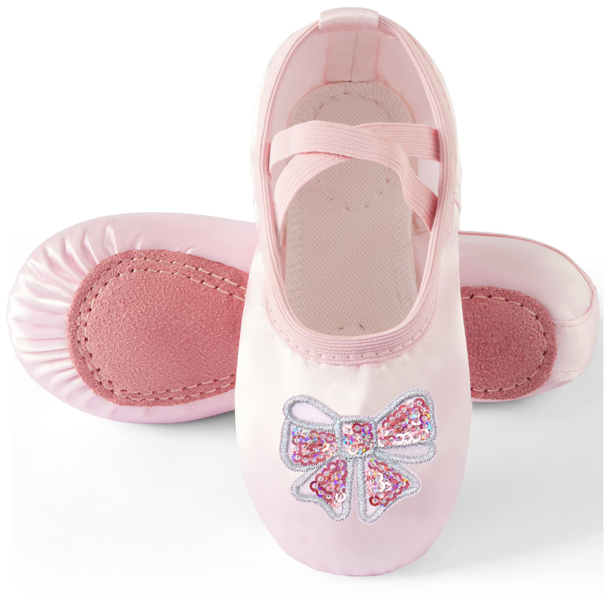 Photo 1 of TRIPLE DEER Ballet Shoes for Girls, Satin Dance Practice Slippers Split Soft Leather Flat Sole Yoga Gymnastics Shoes Bow Sequins Pattern(Toddler/Little/Big Kid) 24 MONTH 