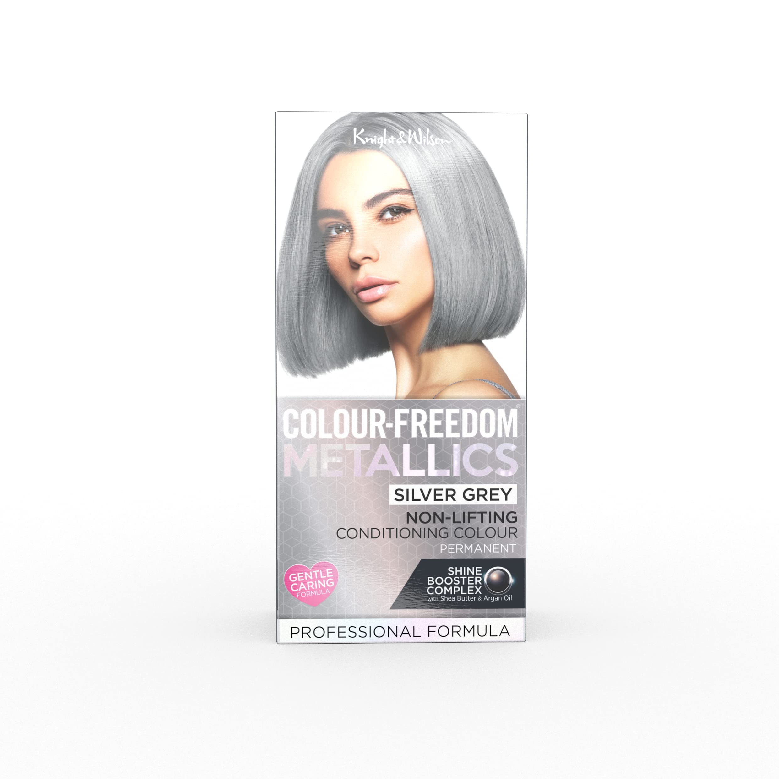Colour Freedom Metallic Permanent Silver Grey Conditioning Hair Dye. Infused with Shea Butter and Argan Oil for Ultra Glossy Conditioned Hair. 100% grey coverage. By Knight & Wilson.