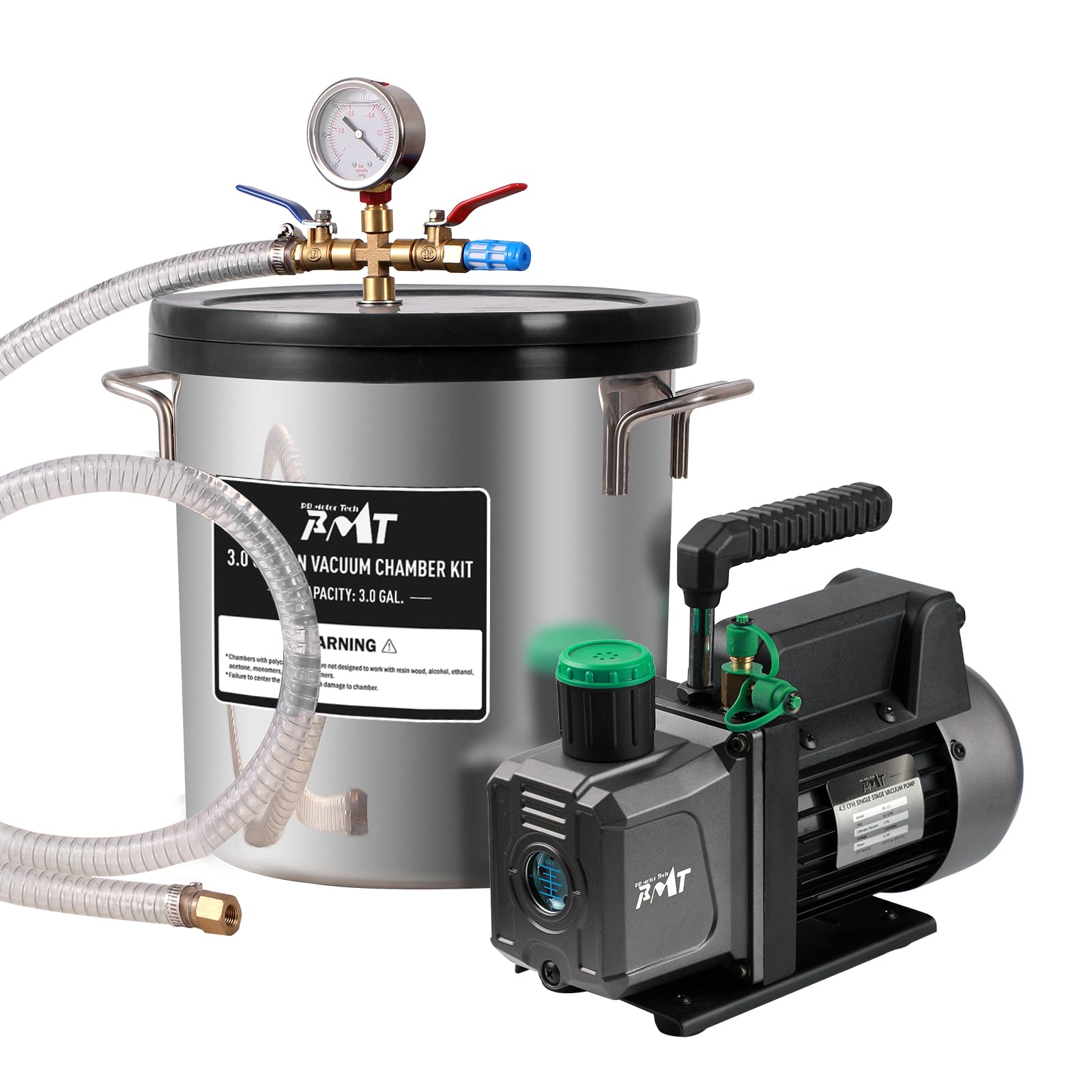 Photo 1 of (see all images) PB Motor Tech 3 Gallon Vacuum Chamber Kit with Tempered Glass Lid - 4.5CFM Vacuum Pump. 38 Micron Vacuum Pump Kit (Oil Not Included) - Ideal for Wood Stabilization