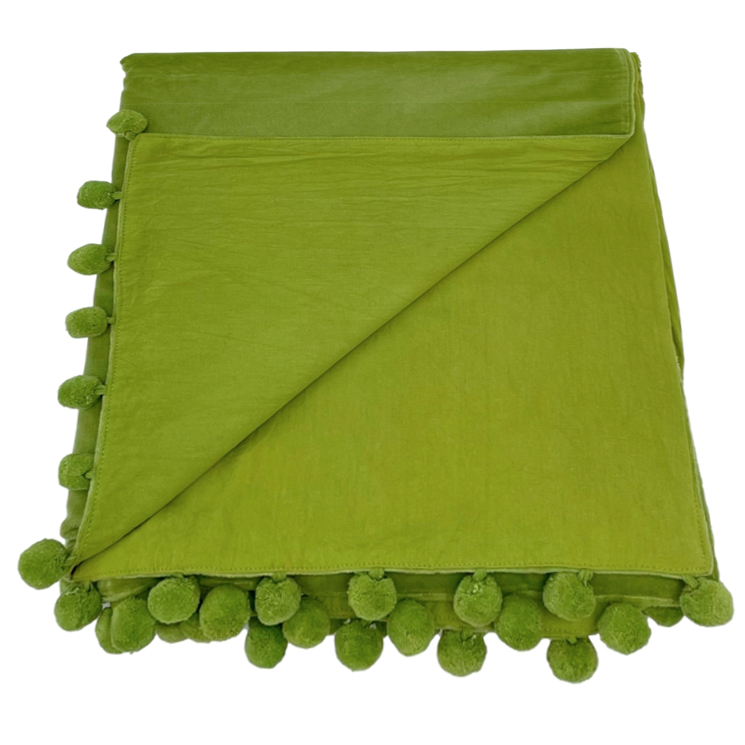 Ragged Rose 140 cm x 180 cm Throw Blanket - Pom Pom Throw Made of Cotton Velvet with Pompom Trims on Sides - Versatile Cotton Velvet Blanket for Sofa & Bed