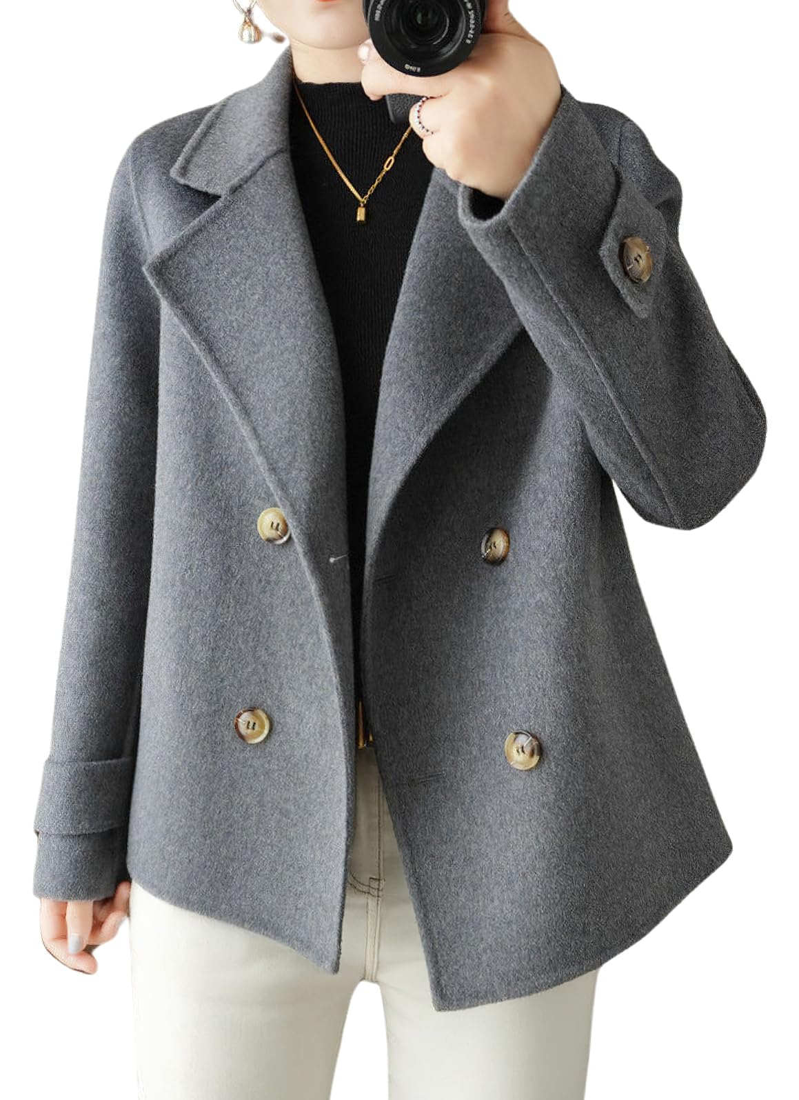 Photo 1 of chouyatou Womens Fall Winter Casual Business Wool Blend Coat Loose Double Breasted Dressy Blazer Pea Coat (Small,Grey)