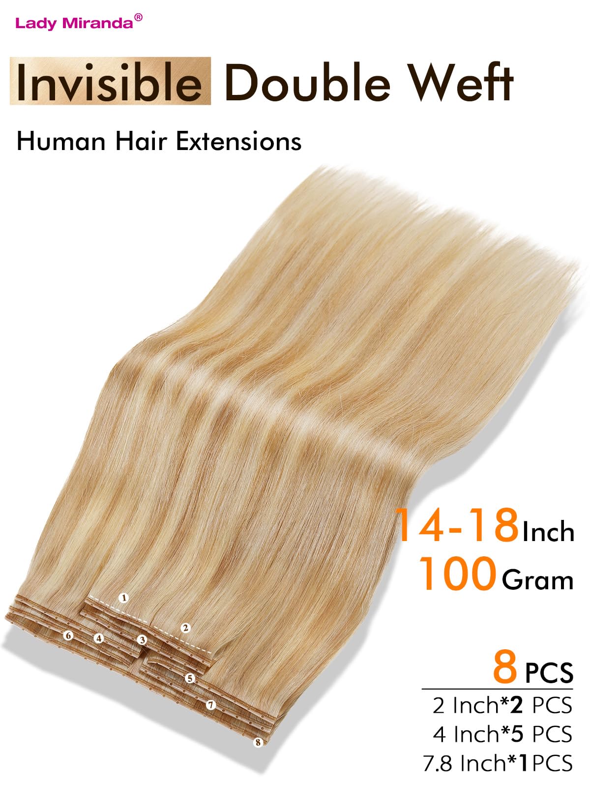 Condition photo showing New/Like New for lady miranda ovo double weft human hair extensions 14 inch 8pcs 100g weft hair extensions human hair