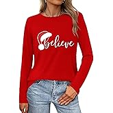 Merry Christmas Shirts for Women Funny T-Shirts for Women Crew Neck Xmas Long Sleeve Multiple Graphic Tee Tops