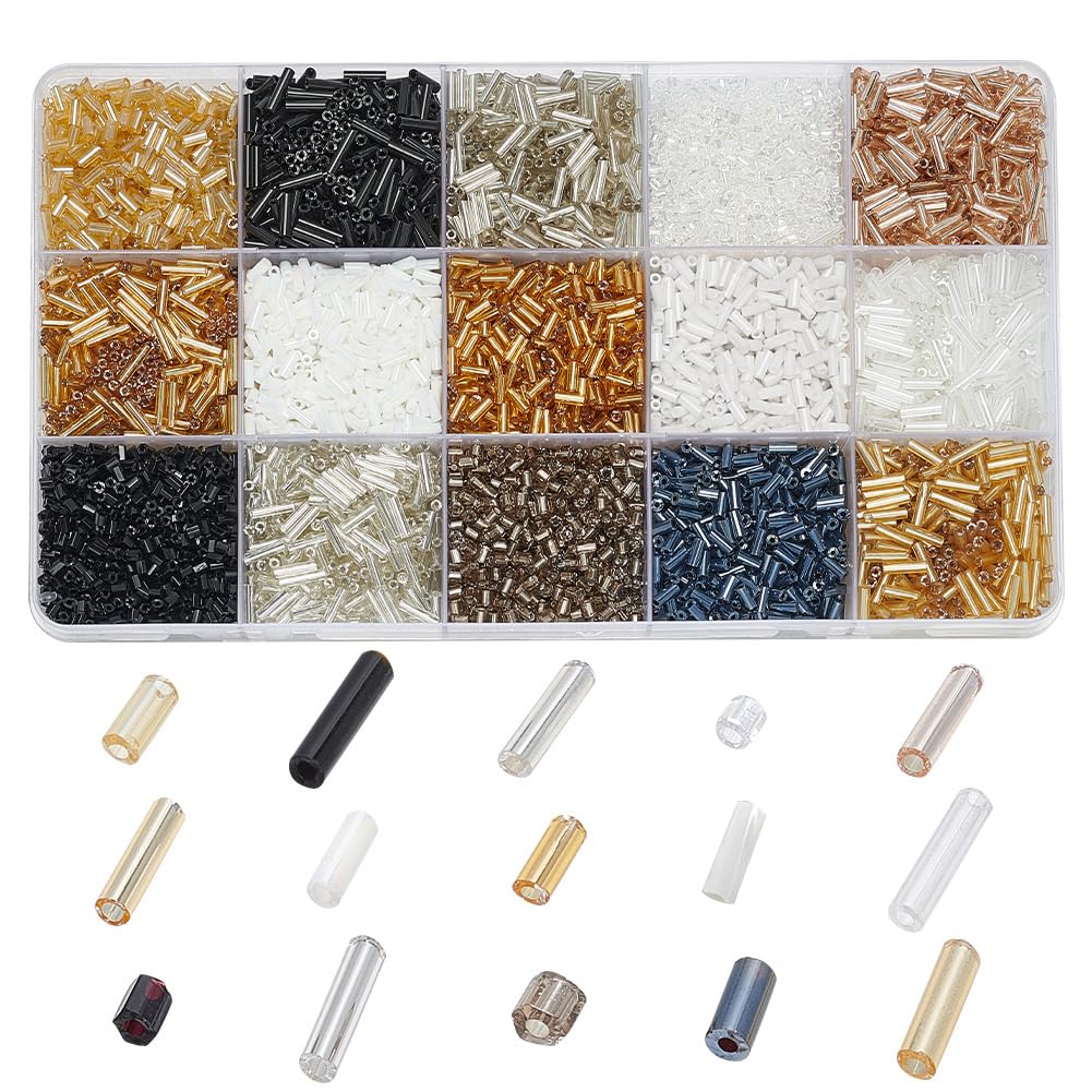 HOBBIESAY 15 Colors 6750pcs Tube Beads Kit Glass Bugle Seed Beads Transparent&Opaque Colours Glass Bugle Beads for Bracelet Earring Necklace Jewelry Making DIY Crafts,Hole: 0.5~1mm