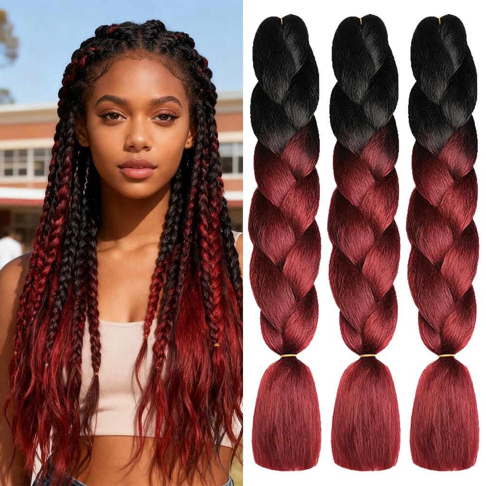 ShowJarlly Box Braid Hair Extensions, 24inch Black/Wine Red Ombre Jumbo Braid Hair, 3Packs Synthetic Jumbo Braiding Hair Extension Afro Hair Extensions for Braiding Crochet Twist Braids — image 1