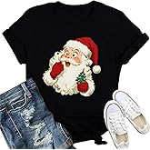 IFQ Womens Christmas Shirts Retro Santa Claus T-Shirt Merry Xmas Tree Snowflake Tee Top