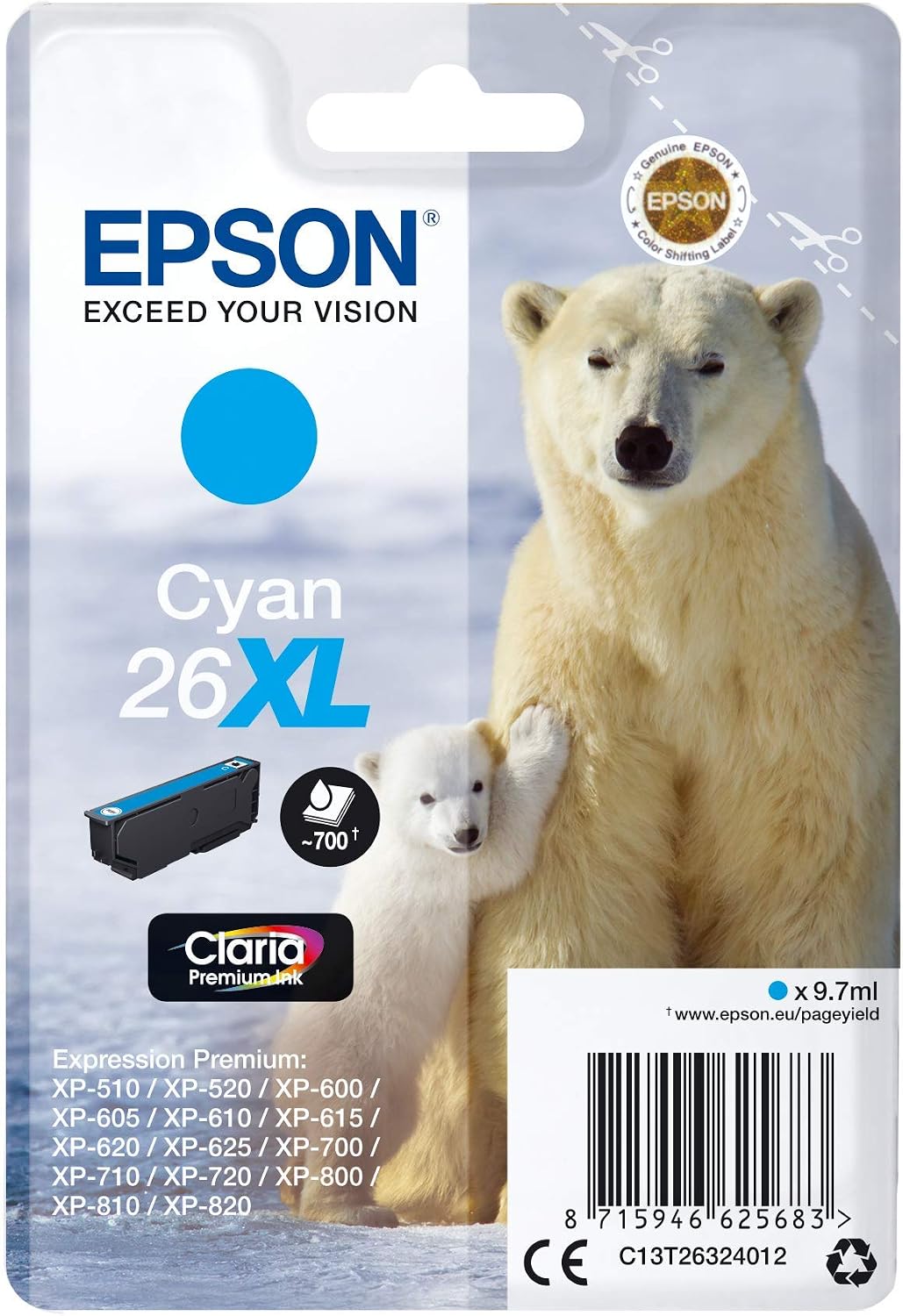 Epson 26XL Polar Bear Cyan High Yield Genuine, Claria Premium Ink Cartridge,XL High Capacity