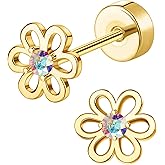 EQFE G23 Titanium Earrings for Girls 14k Gold Hypoallergenic Flat Back Earrings for Sensitive Skin Cartilage 20G Screw Back Star Heart Flower Stud Earrings for Women