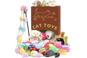 QUOZUO 30 Pcs Cat Toy Kitten Toys Set, Interactive Cat Toy Wand Cat Springs Ball Toy with Bells, Cat Toys for Bored Indoor Cats, Gift Box Styles