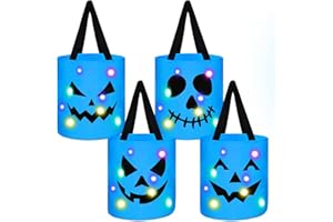 Yaomiao 4 Pcs Halloween Trick or Treat Bucket for Kids Light up Pumpkin Candy Bags LED Halloween Treating Baskets Reusable Goodie Gift Tote Bag for Party Favor Supplies(Blue)
