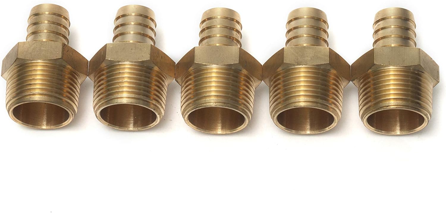 LTWFITTING Brass 1-Inch Male BSPT x 19mm Hose Barb Coupler Adapter Fitting for Vehicle Fuel System HVAC System (Pack of 5)