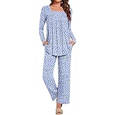Anydeer Women Pajamas Set Long Sleeve Casual 2 Piece Pleated Pjs Nightwear Pants With Pocket