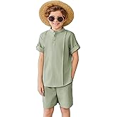 Arshiner Boy's 2 Pieces Linen Sets Short Sleeve Henley Shirt and Shorts Summer Beach Matching Outfits 4-12 Years