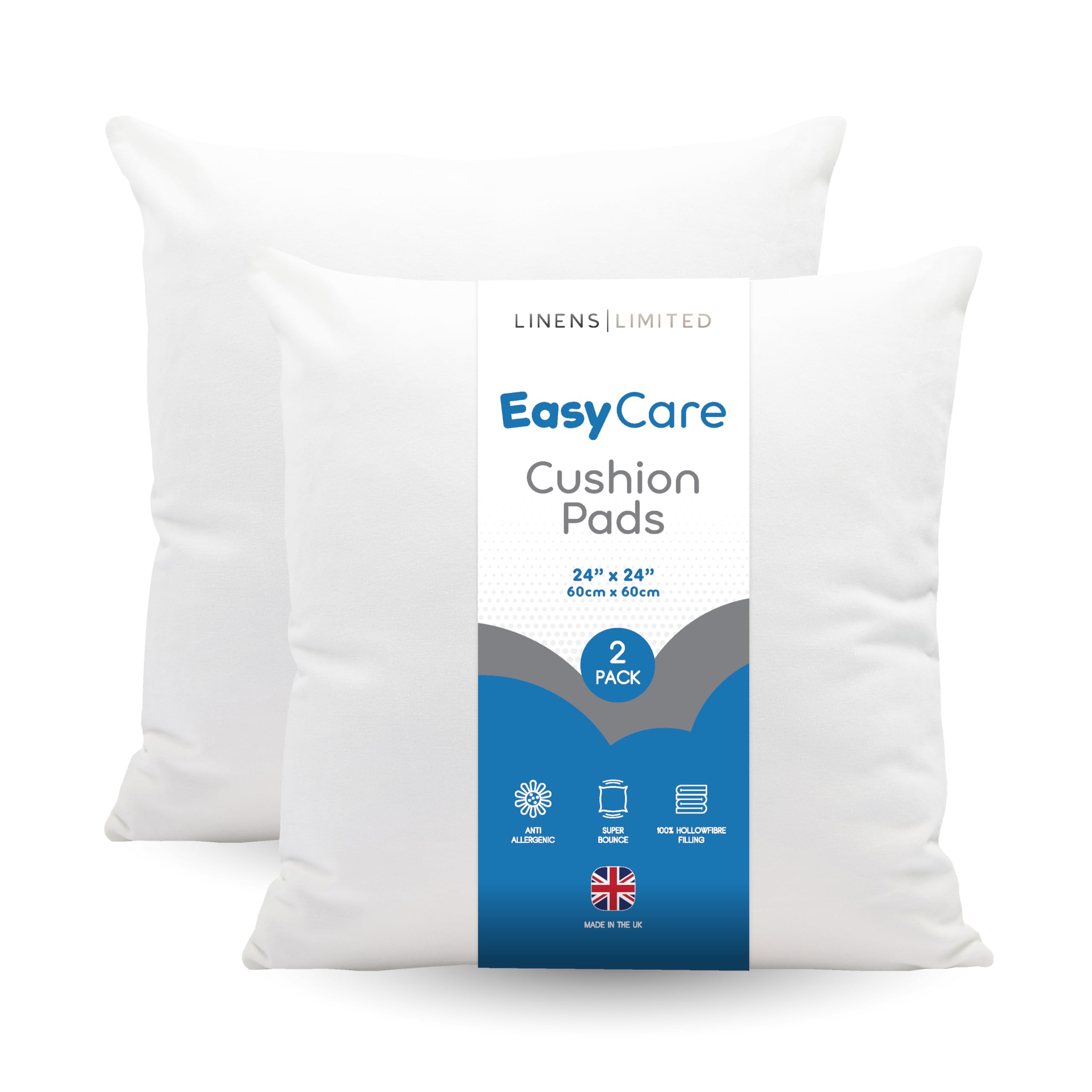 Linens Limited - Cushion Insert 60cm x 60cm, Made in the UK, Soft and Plump, Non-Allergenic Sofa Cushion Pad, Easy to Clean, Small Cushion Inner, Perfectly Fits Covers (White) (2 Pack)