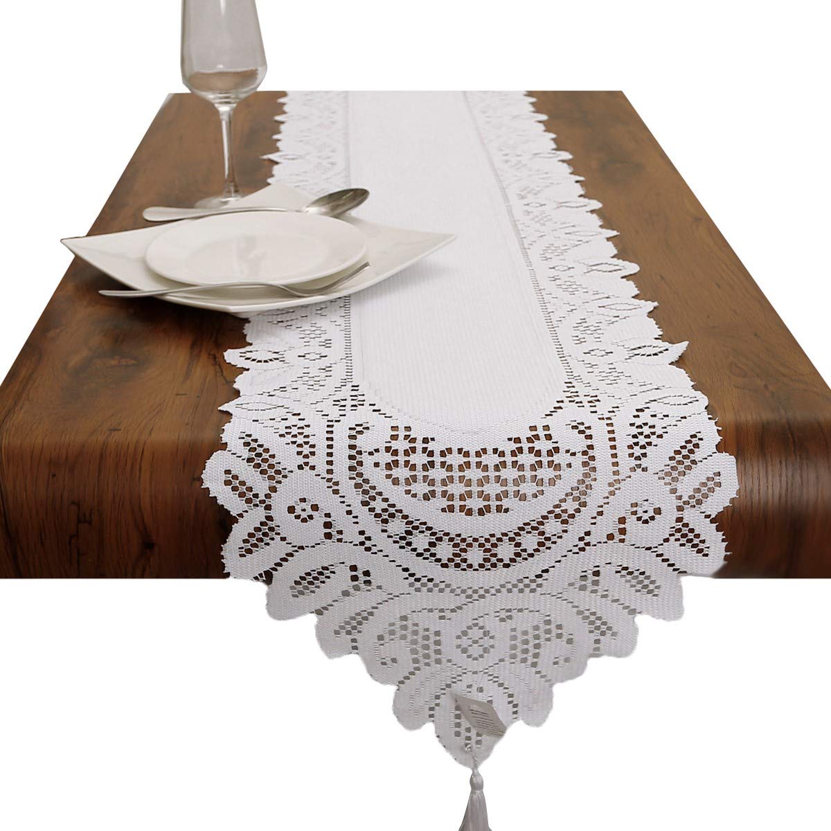 mookaitedecor 13x70 Inch White Lace Table Runner for Wedding Festival Party Christmas Table Centrepiece Living Room Home Decor, Vintage Elegant Floral Dinner Table Runner with Tassels