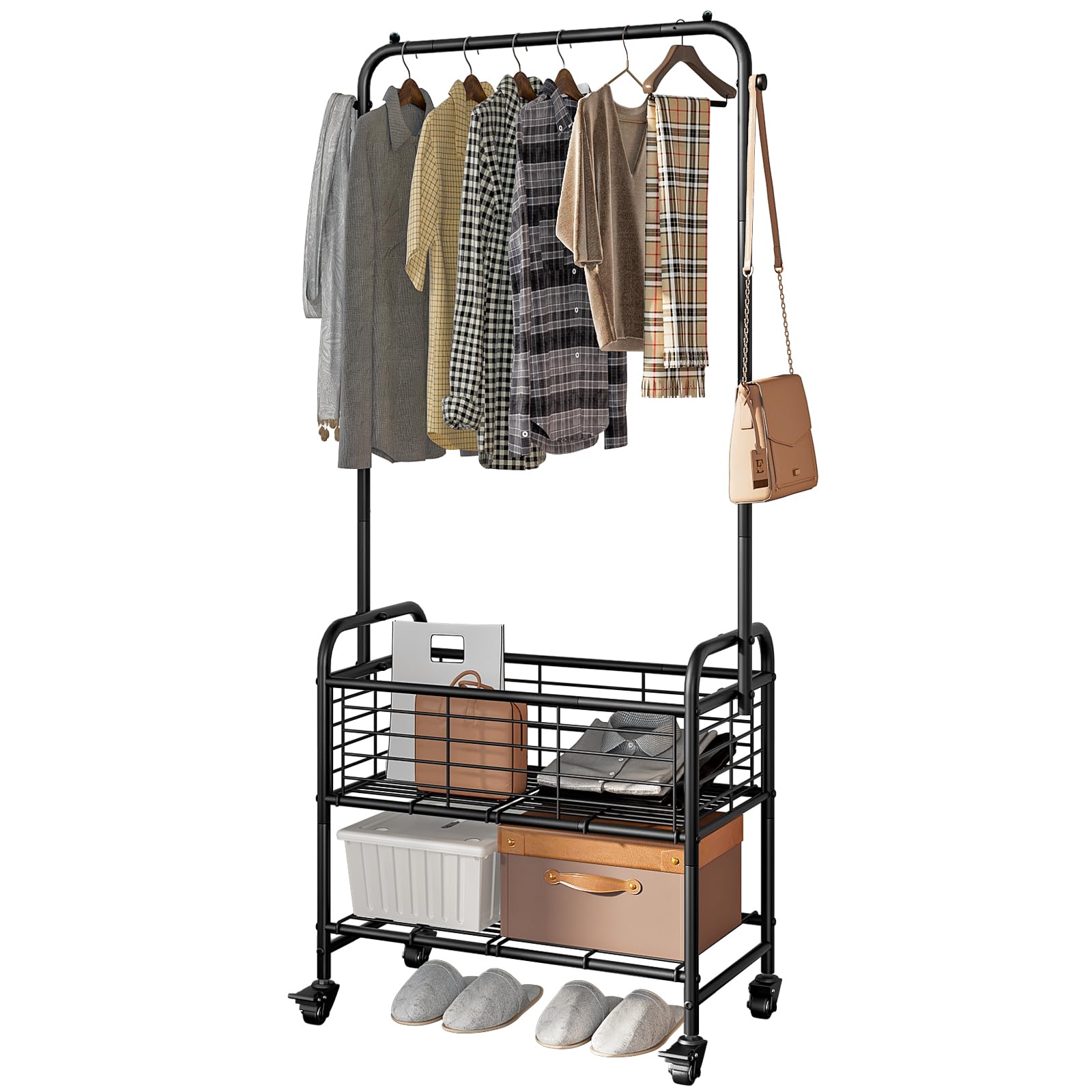 Photo 1 of SUOERNUO Laundry Cart with Hanging Rack Rolling Laundry Hamper Sorter with Wheels Shelf,Black