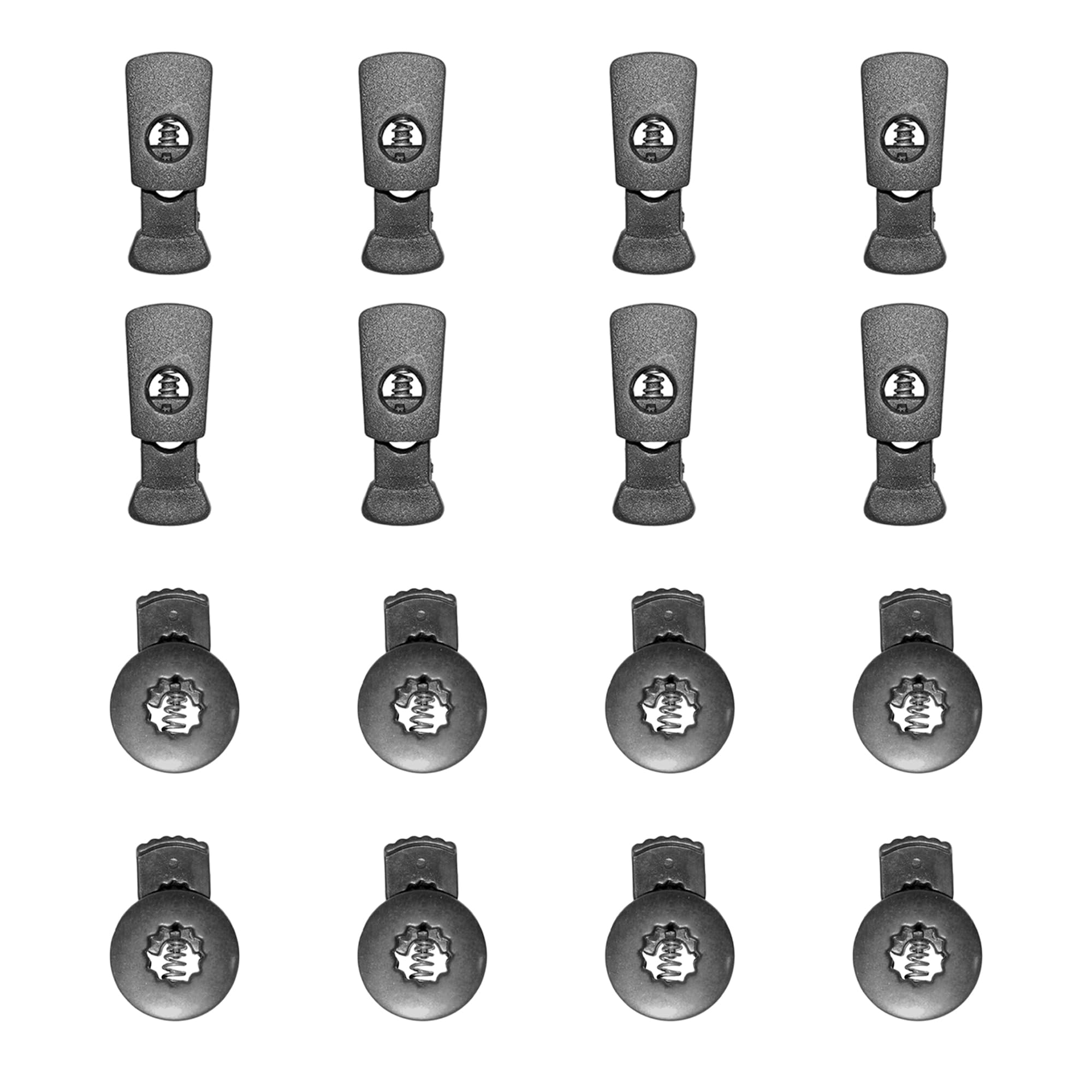 JYC CREATIVE Pack of Black Latches, Cord Stoppers, Plastic Locks for Clothes, Footwear or Accessories, Cord Ties, Variety of Styles and Options, Black/White, 3