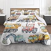 Nesphy Colorful Car Trucks Construction Comforter Set for Boys Kids Toddlers Teens Twin, Red Tractor Excavator Bedding Sets Water Washed Microfiber Bedding with 1 Comforter 1 Pillowcase All Season