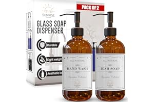 Sunrise Premium 2 Pack Amber Glass Soap Dispenser 16 OZ with Oil Rubbed Bronze Stainless Steel Pump, Hand and Dish Soap Dispenser Set for Bathroom and Kitchen Sink with 6 Waterproof Labels