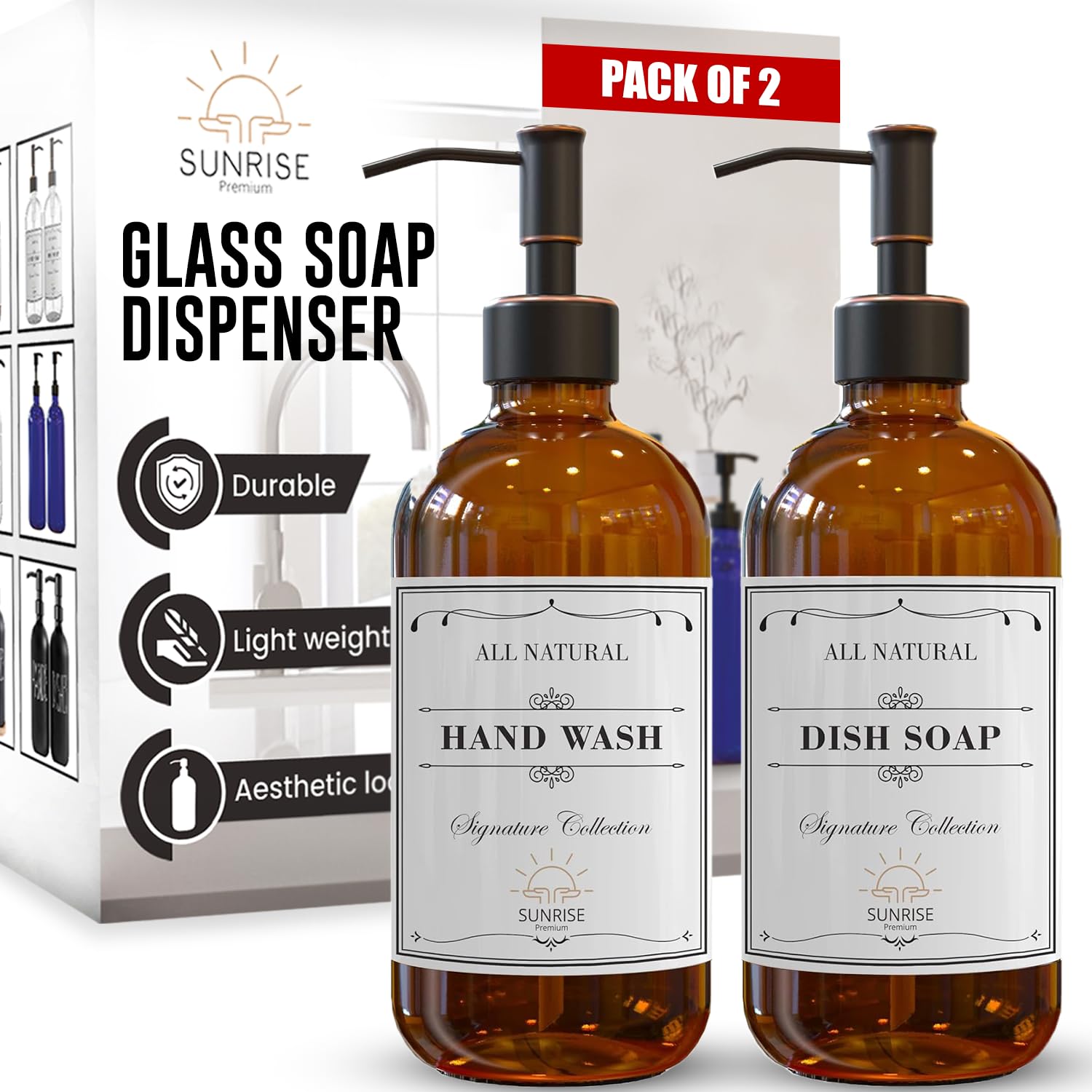 Photo 1 of Sunrise Premium 2 Pack Amber Glass Soap Dispenser 16 OZ with Oil Rubbed Bronze Stainless Steel Pump, Hand and Dish Soap Dispenser Set for Bathroom and Kitchen Sink with 6 Waterproof Labels