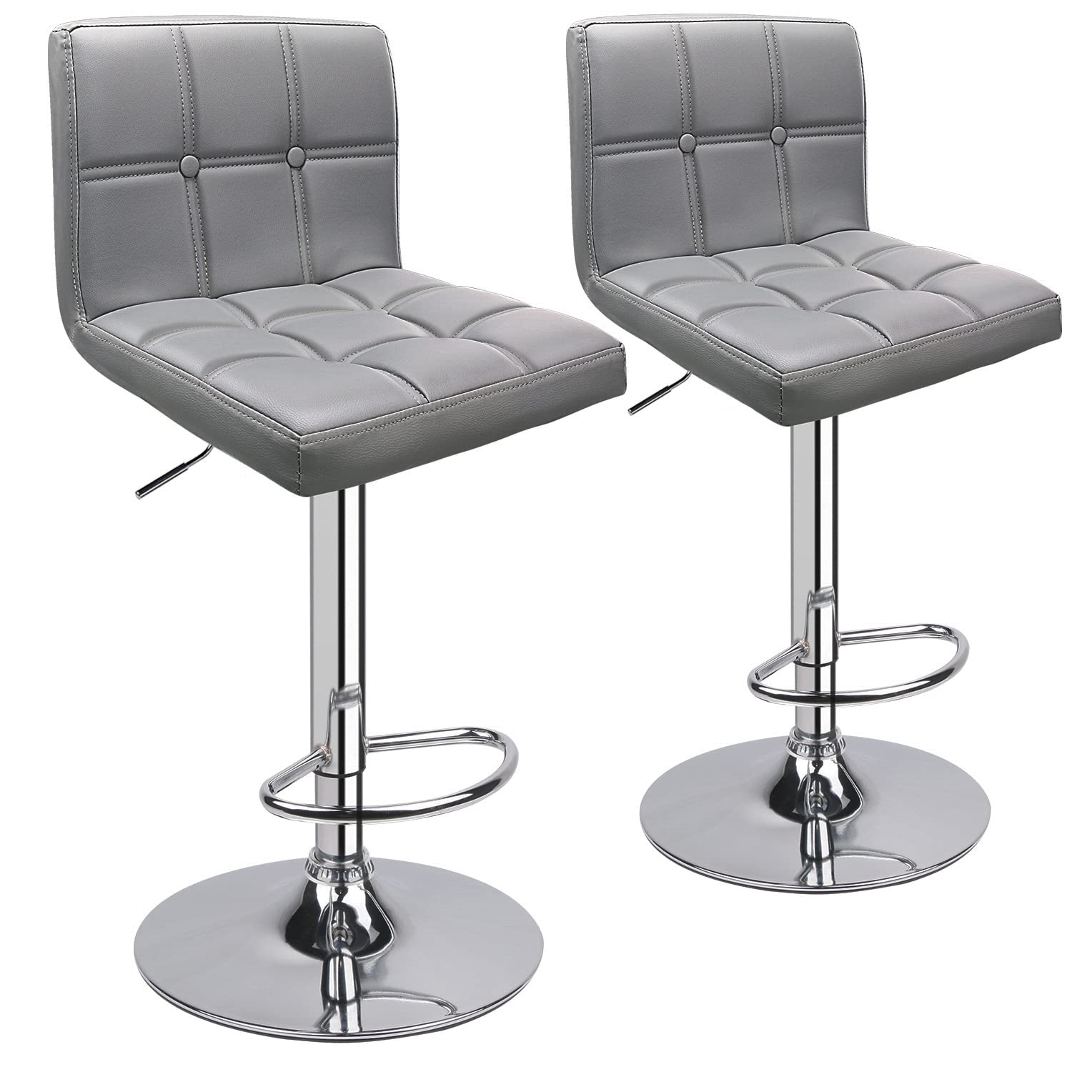 Leader Accessories Bar Stools (2/Set) Adjustable Bar Chairs Breakfast Dining Stools for Kitchen Island Counter PU Leather Double Stitching Square Back with decoration (Light Grey)