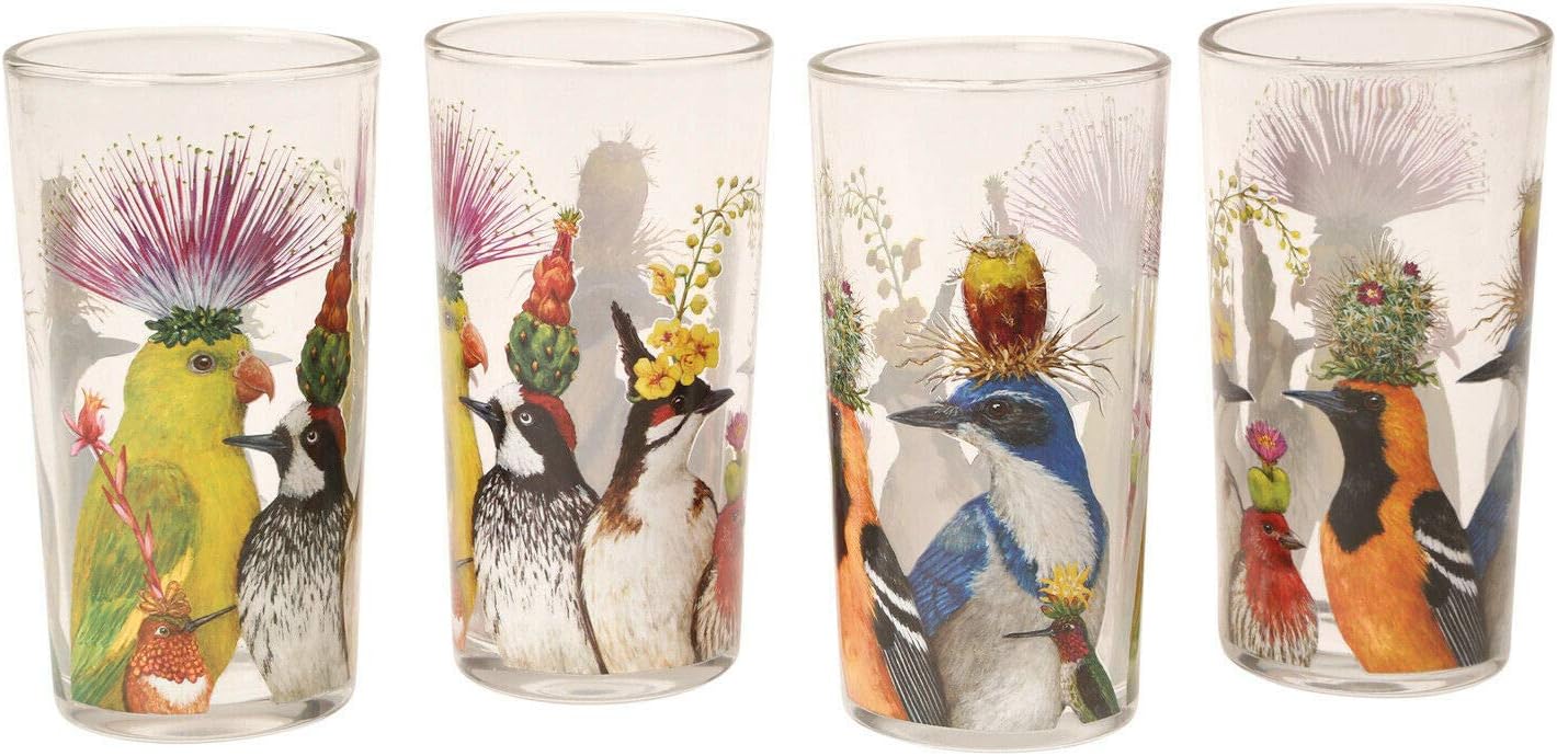 Set of 4 Drinking Glasses, Birds in Hats, 12oz. with Ebook
