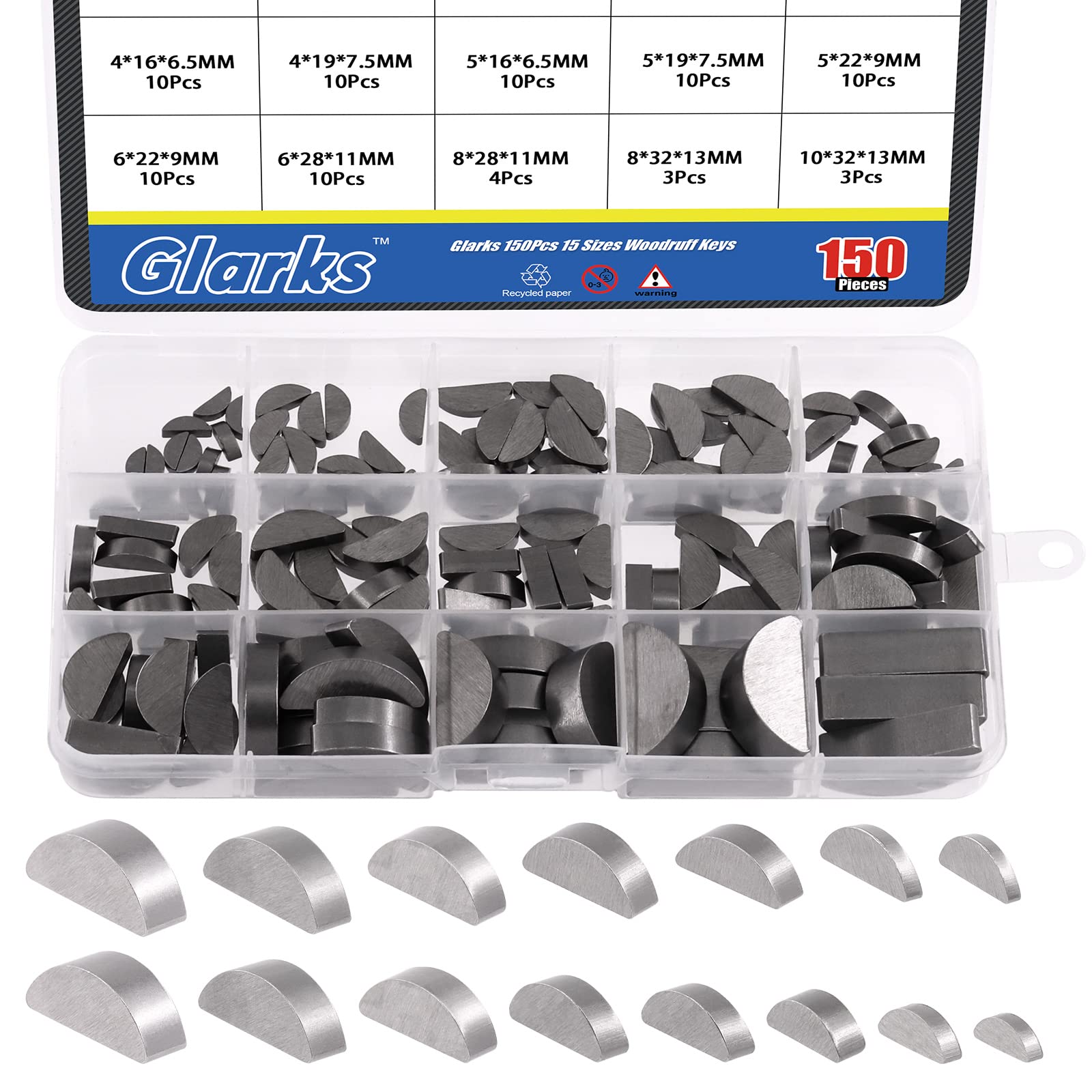 Glarks 150 Pcs 15 Sizes Woodruff Keys Assortment - Carbon Steel Semi-Circular Keys Set for Fasteners Mechanical Industry