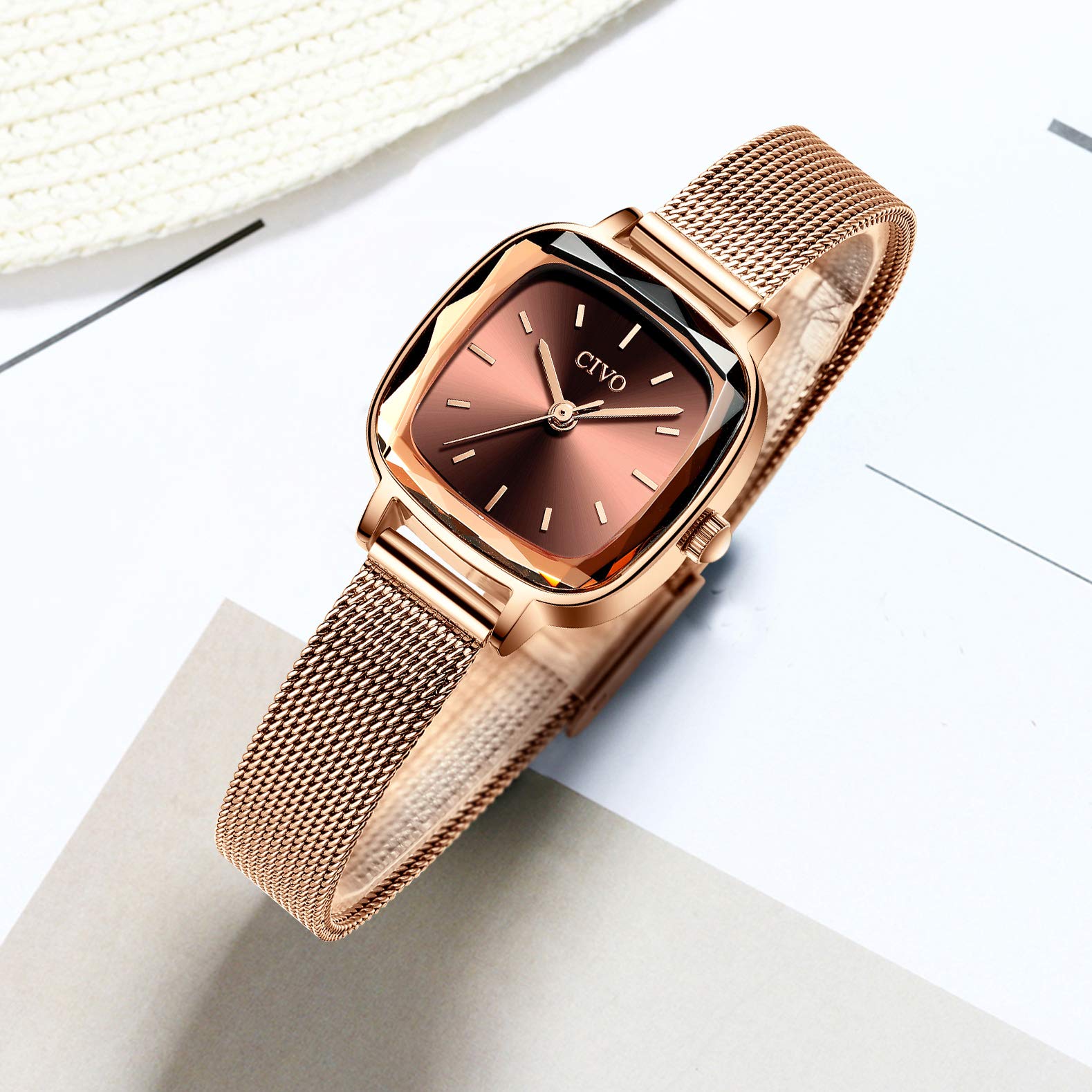 CIVO Womens Watches Stainless Steel Waterproof Rectangle Rose Gold Wrist Watch Designer Simple Elegant Casual