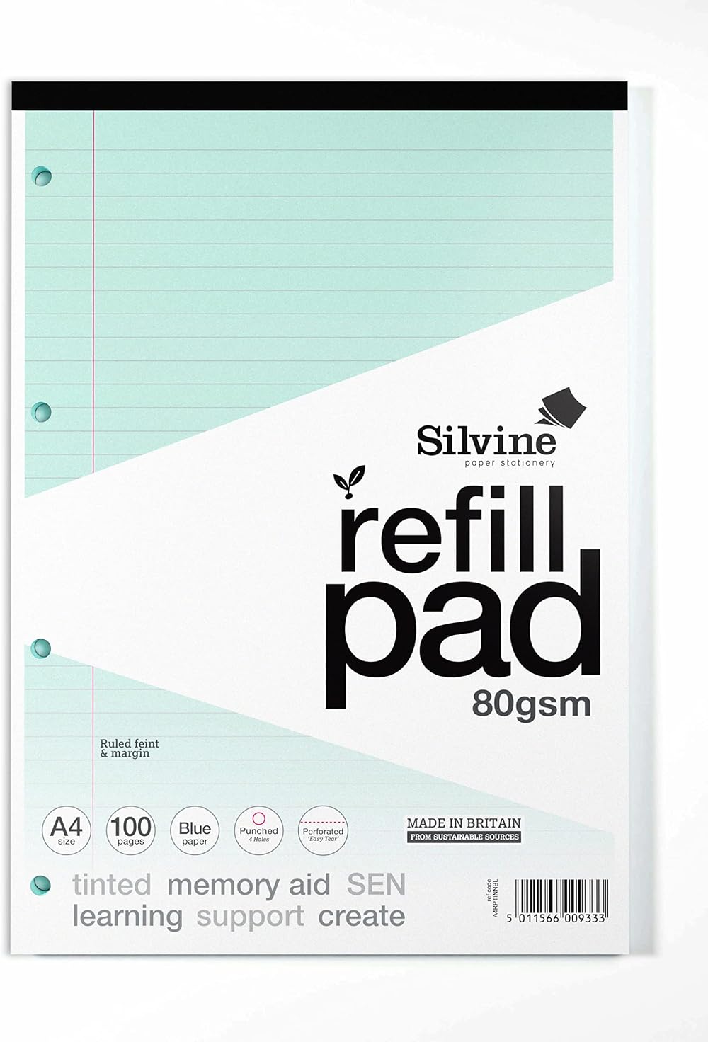 Silvine A4 Blue Paper Dyslexia Refill Pad 100 Pages Lined with Margin