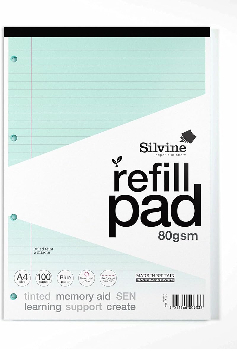 Silvine A4 Blue Paper Dyslexia Refill Pad 100 Pages Lined with Margin