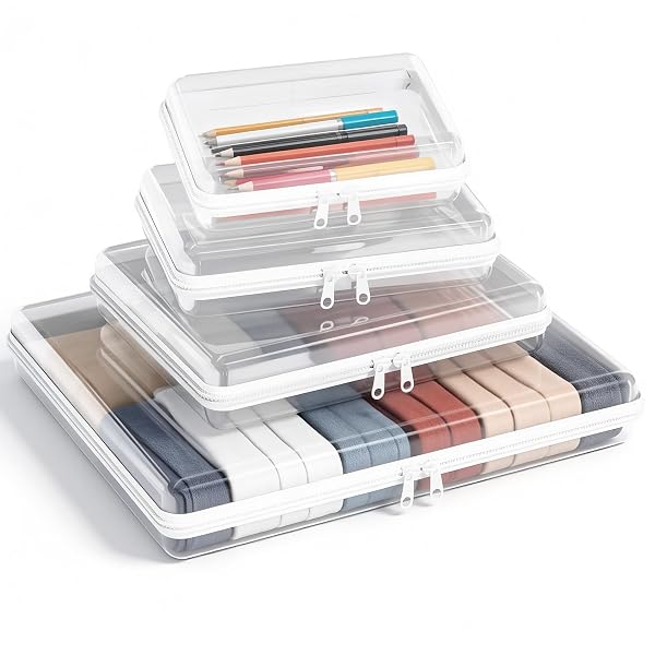 4 PACK CLEAR HARD SHELL ZIPPER CASE (S,M,L,XL), 1.2MM CRUSH-PROOF TRANSPARENT STORAGE POUCHES, HARD PLASTIC PACKING CUBES & ORGANIZER BAGS FOR TRAVEL, PENCIL, COSMETICS, TOILETRY, TOYS STORAGE
