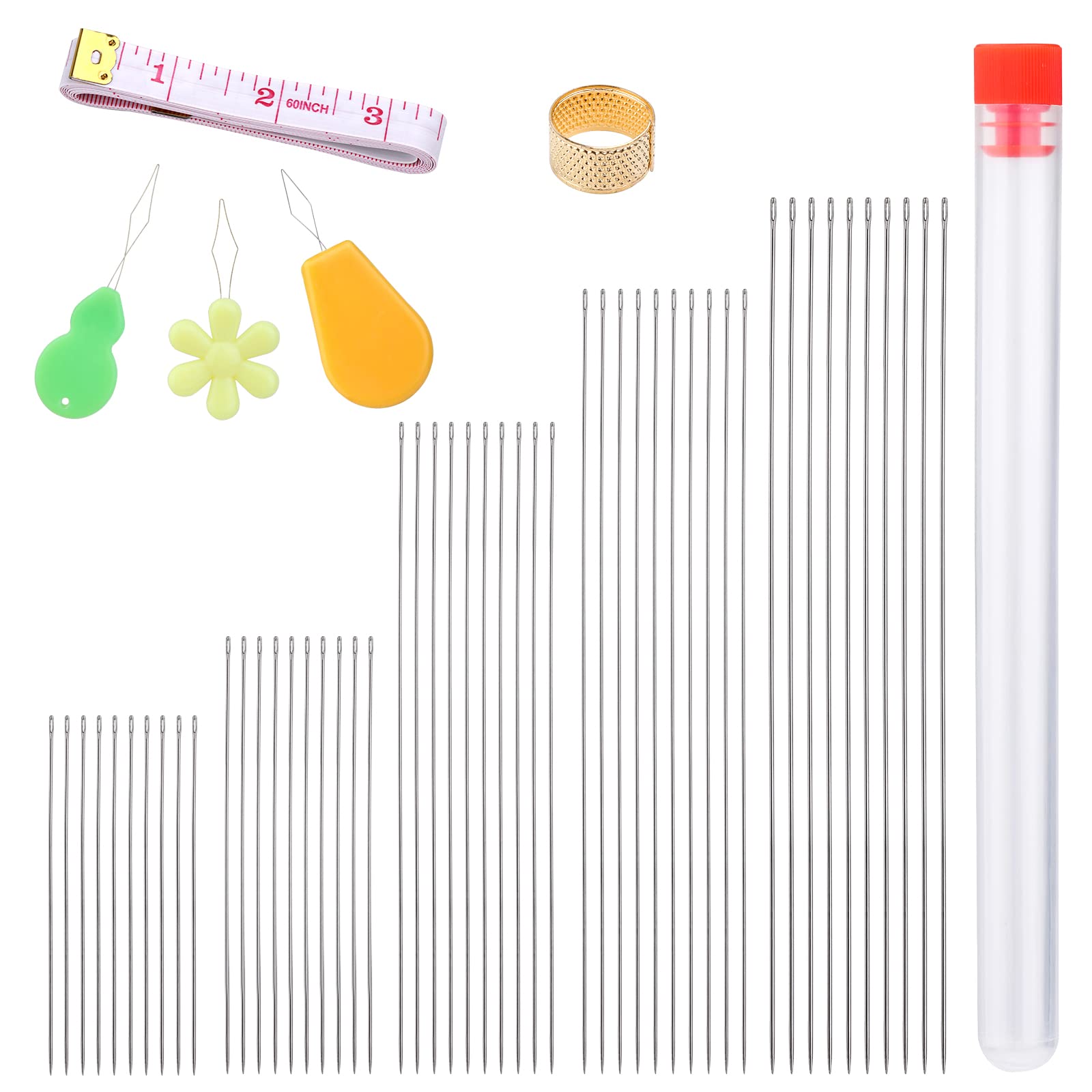 50 Pcs Beading Needles, 5 Size of Thin Beading Needles Big Eye Bead Needles, Long Straight Needles Bead Needles Hand Sewing Needles with Threader and Thimble for Jewelry Making (40~120mm)