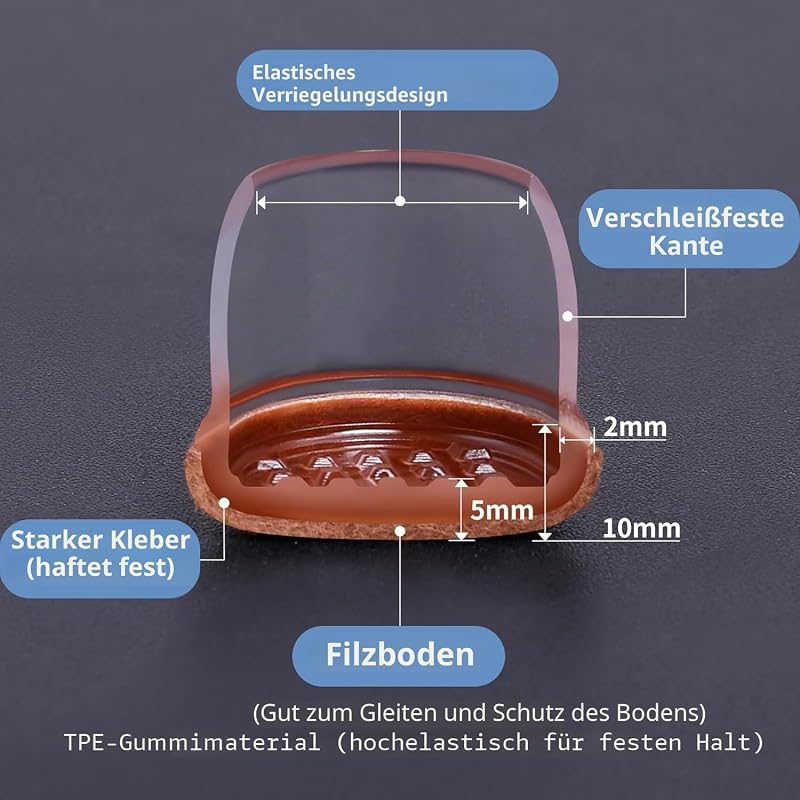 Schutzkappen Für Stuhlbeine mit Filz, Gummi stuhlbeinkappen, Filzauflage, Möbelmatte Für Hartholzböden Rund Transparent, Durchmesser Φ 13-20mm 16pcs
