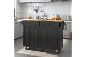 Squireewo 55" Kitchen Cart with Wood Top and Drop Leaf Breakfast Bar, Rolling Mobile Kitchen Island Table on Wheels with Drawer and Storage Cabinet, Spice Rack, Towel Rack, Black