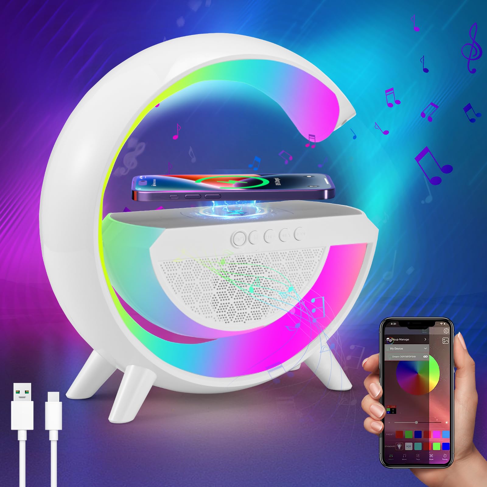 Rhythm Atmosphere Lamp with Wireless Charger, Intelligent Bedside Lamp with Bluetooth Speaker, Sunrise Wake Up Lamp, App Control, Dimmable LED Night Light for Bedroom Home Office Decor