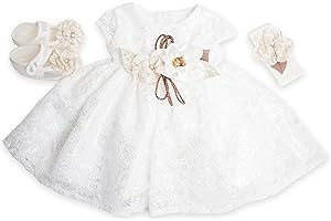 Kaioppi Newborn Baby Girl Dress Headband Shoes Tights Set for Christening Baptism White Lace Flower Girl Dress Babies 0-3