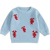 Doloame Kids Toddler Baby Boy Girl Knit Sweater Casual Lobster Embroidery Round Neck Pullover Knitwear Fall Winter Clothes