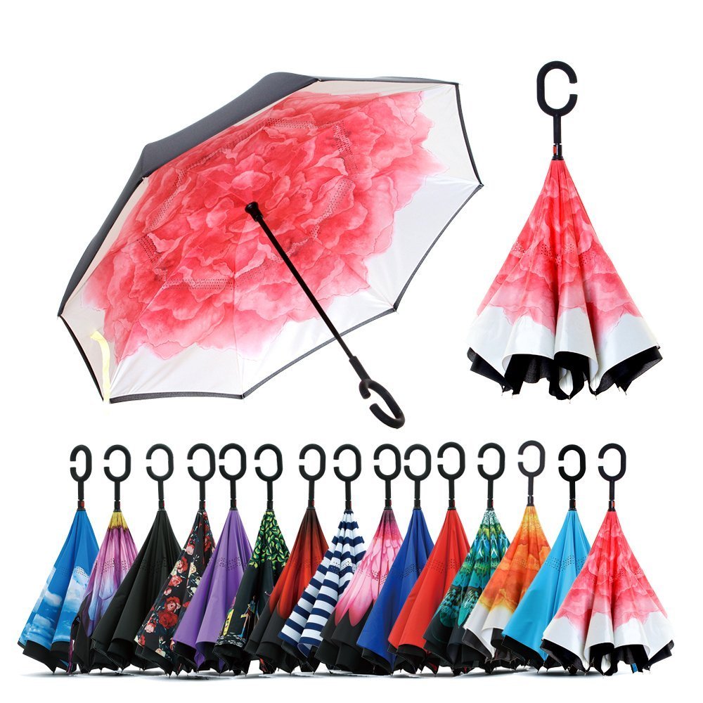 NNY Inc Double Layer Inverted Umbrella Cars Reverse Open Folding Umbrellas, Windproof UV Protection Large Self Stand Upside Down Straight Umbrella for Golf Women and Men with C-Shaped (Pink Peony)
