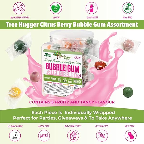 TREE HUGGER BUBBLE GUM, CITRUS BERRY, NATURAL FLAVORS, NO ARTIFICIAL COLORS, 120 COUNT TUB