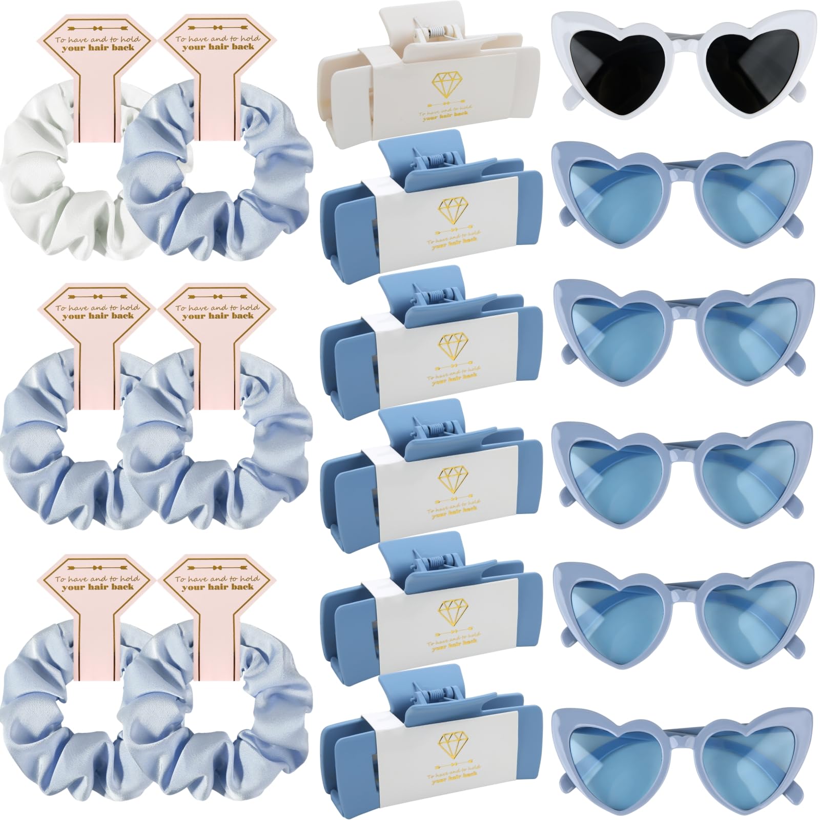 Photo 1 of Bridesmaid Scrunchies Proposal Gifts 4.1inch square Hair Claws Bachelorette Hair Clip heart sunglasses Girls gift for Wedding Party Favors (18pcs White&Dusty Blue)