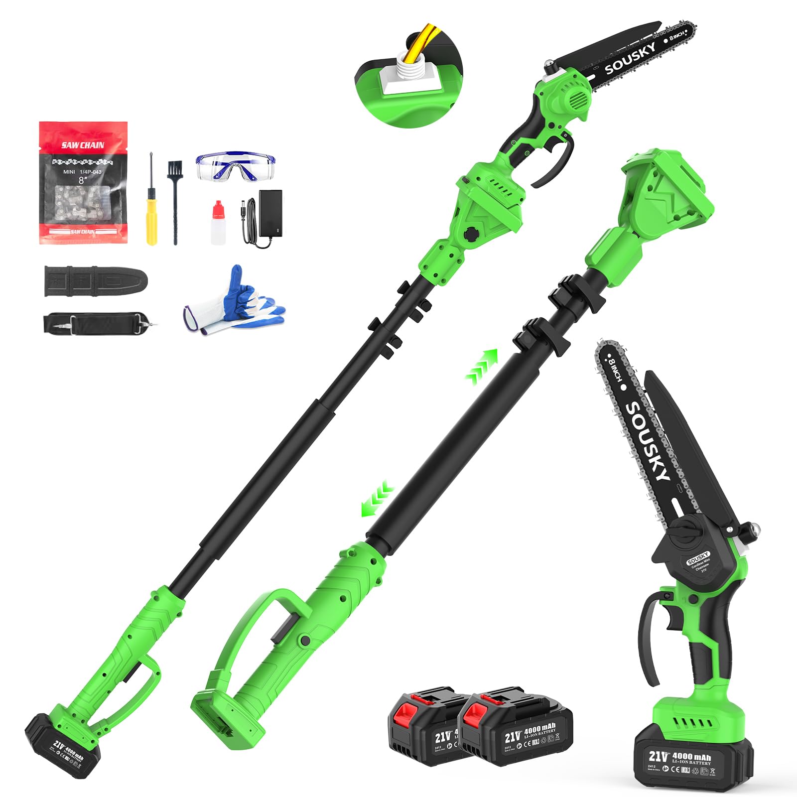 2-in-1 Cordless Pole Saw & Mini Chainsaw, 8 Inch 1000W Brushless Battery Chainsaw with Dual 4000mAh Batteries, Telescoping Extension Pole, Adjustable Angle Head, Tree Saw for Tree Pruning/Wood Cutting Image