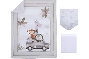 NoJo Jungle Ride Grey, White & Tan, Monkey, Giraffe & Lion 3Piece Nursery Crib Bedding Set - Comforter, Fitted Crib Sheet, & Crib Skirt, Grey, White, Tan