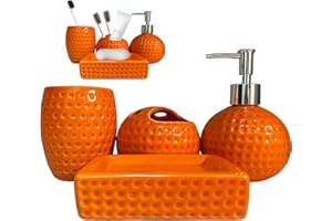 4Pcs Ceramic Orange Bathroom Set, Toothbrush Holder, Soap Dish, Tumbler & Dispenser for Modern Home and Hotel Decor