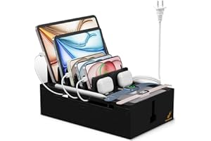 Pezin & Hulin Bamboo Charging Station for Multiple Devices, Charger Dock with 10-Port USB Charger and 6 Cables, Desktop Devic