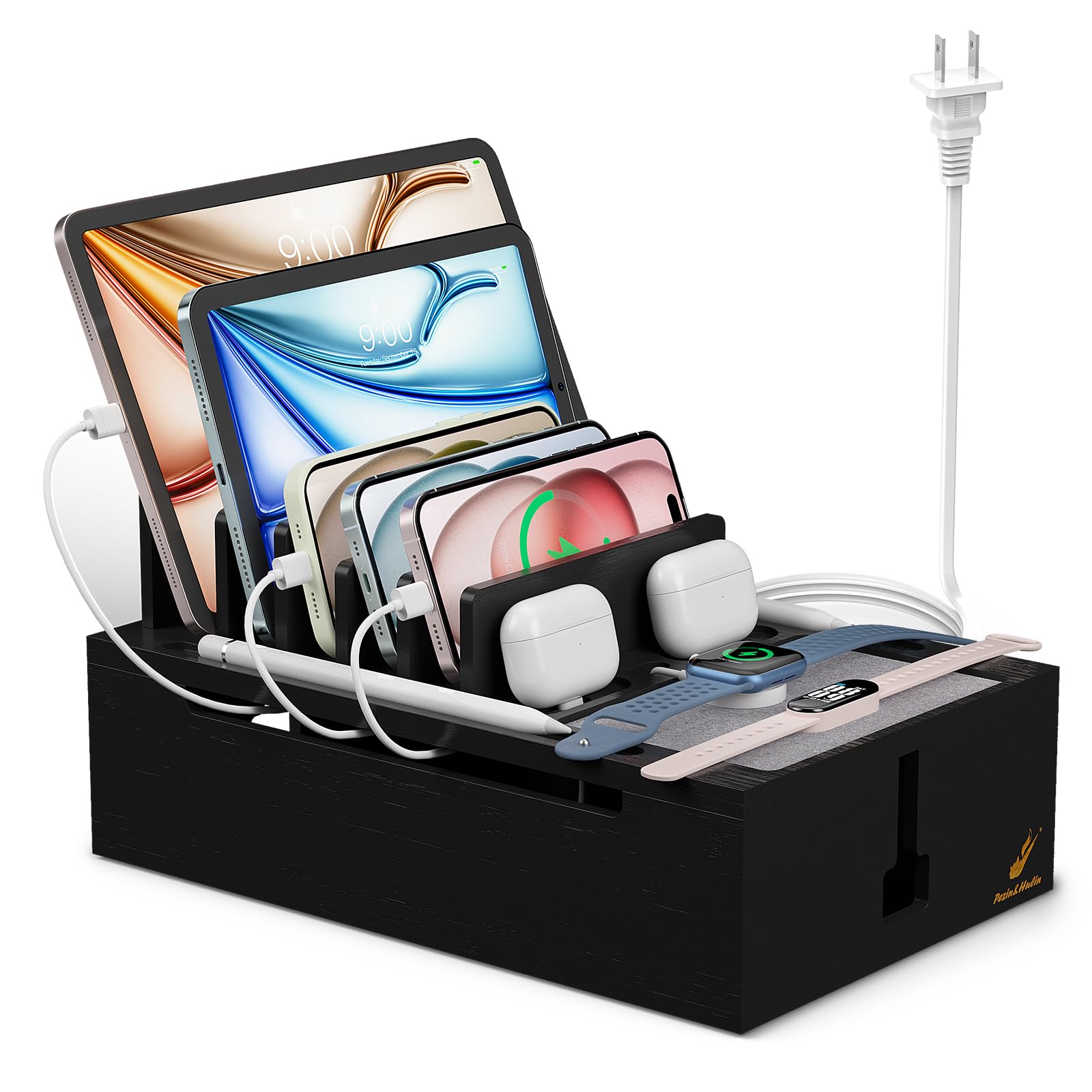 Photo 1 of Pezin & Hulin Bamboo Charging Station for Multiple Devices, USB Charger Dock Organizer, with Power Supply (10 Ports HUB), 6 Cables, Cable Management Organizer for Cell Phones, Tablets -Black