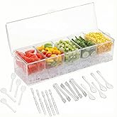 COSVELLA Ice Chilled Condiment Server with Lids – Includes 19 Serving Accessories (Tongs, Spoons, Forks) – 5 Compartment Fruit & Veggie Tray for Parties, Taco Bar, Picnics & Outdoor Entertaining