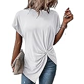 Remidoo Asymmetrical Tops for Women Twist Front Top Crewneck Knot Short Sleeve T Shirts